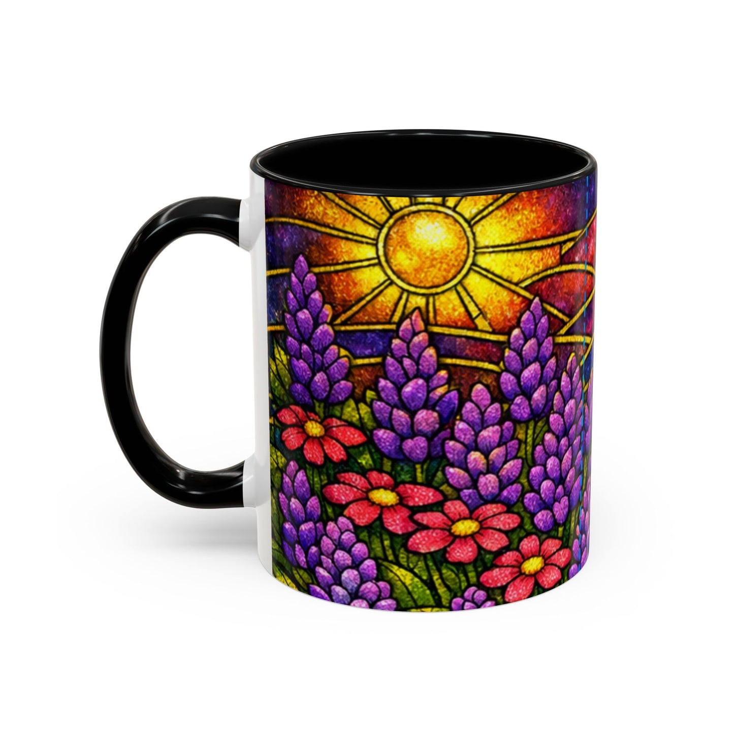 Tuxedo Cat Accent Coffee Mug — Stained-Glass Floral Design (11 oz)