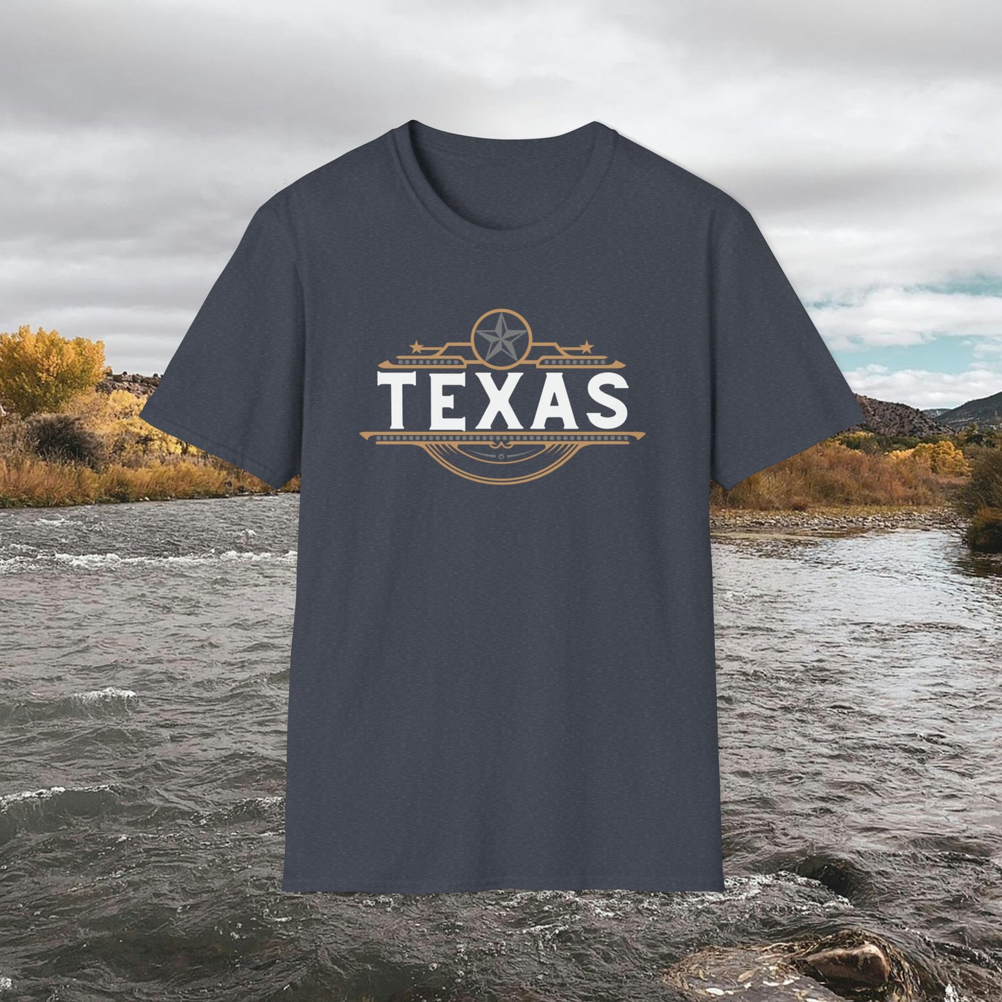Texas T-shirt Elegant Gold Banner, Silver Star, Accents on a beautiful Graphic Softstyle T-Shirt Unisex Designs by MII