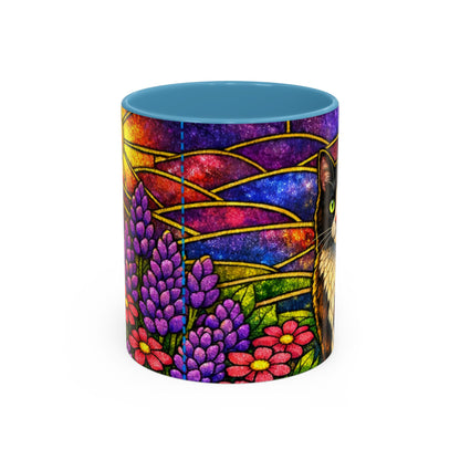 Tuxedo Cat Accent Coffee Mug — Stained-Glass Floral Design (11 oz)