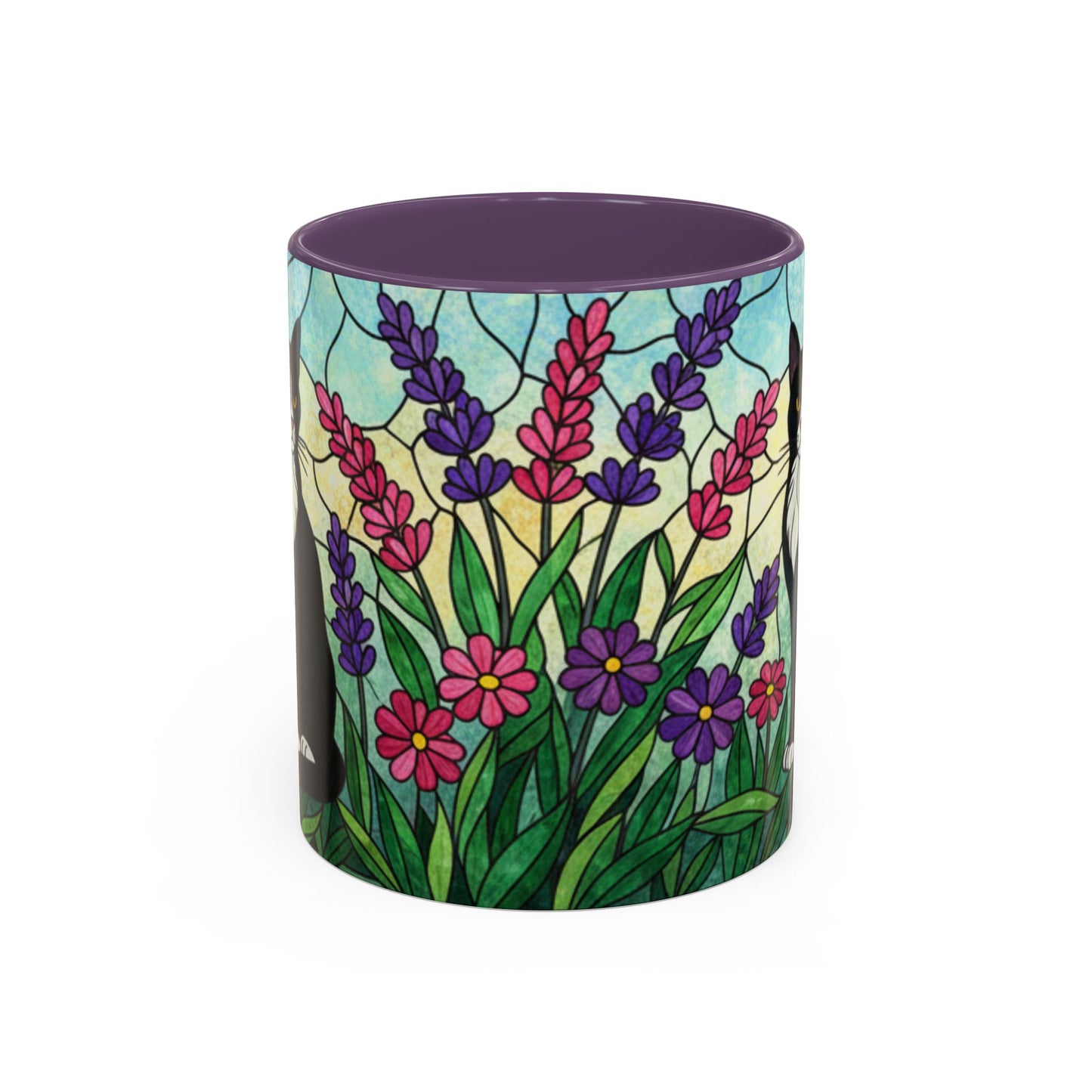 Tuxedo Cat Stained Glass Accent Coffee Mug – Floral Lavender Design (11/15oz)