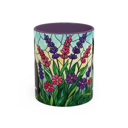 Tuxedo Cat Stained Glass Accent Coffee Mug – Floral Lavender Design (11/15oz)