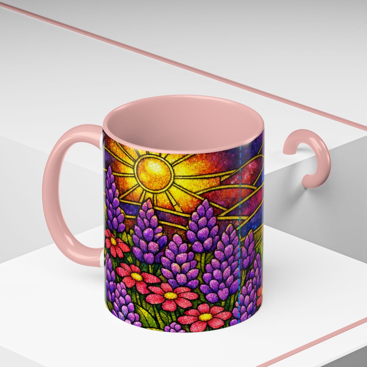 Tuxedo Cat Accent Coffee Mug — Stained-Glass Floral Design (11 oz)