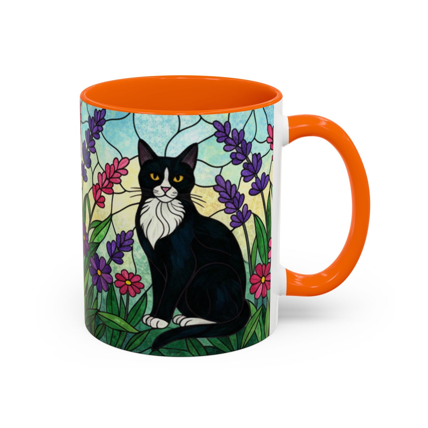Tuxedo Cat Stained Glass Accent Coffee Mug – Floral Lavender Design (11/15oz)