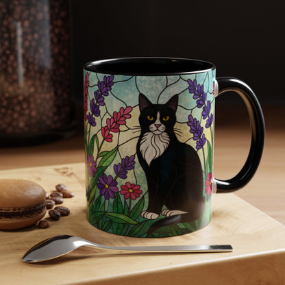 Tuxedo Cat Stained Glass Accent Coffee Mug – Floral Lavender Design (11/15oz)