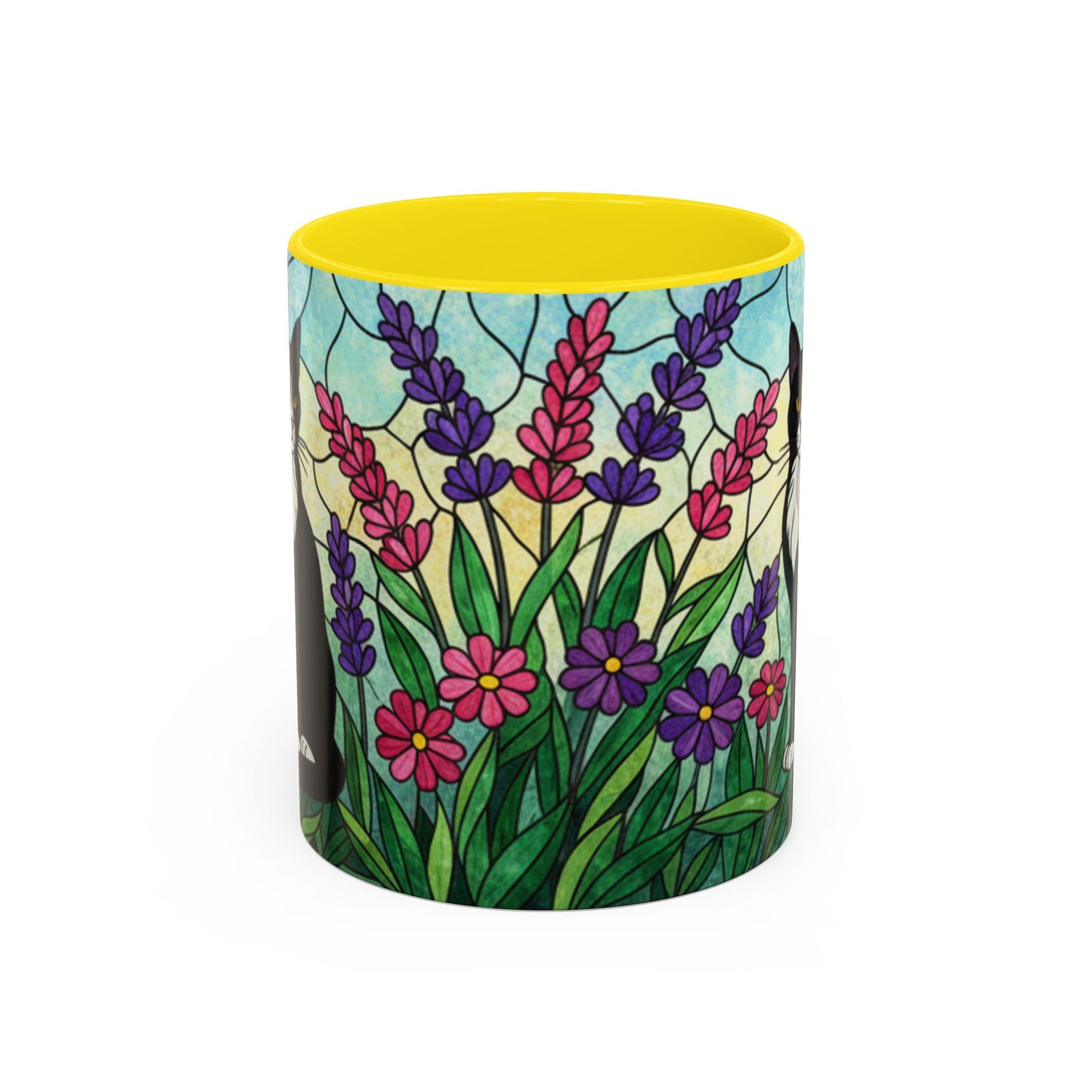Tuxedo Cat Stained Glass Accent Coffee Mug – Floral Lavender Design (11/15oz)