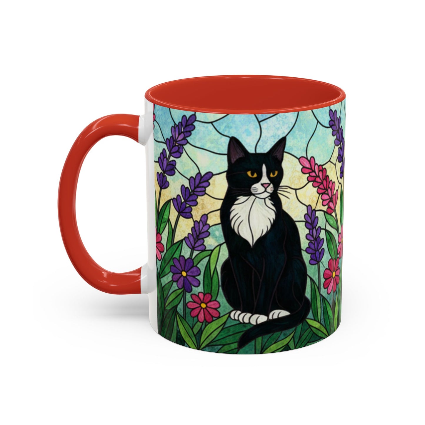 Tuxedo Cat Stained Glass Accent Coffee Mug – Floral Lavender Design (11/15oz)