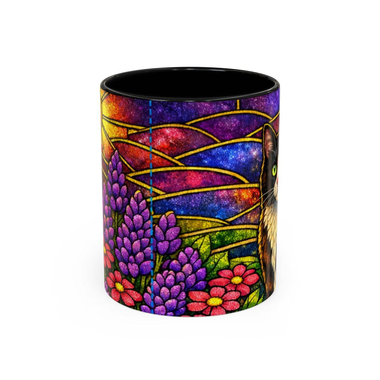 Tuxedo Cat Accent Coffee Mug — Stained-Glass Floral Design (11 oz)