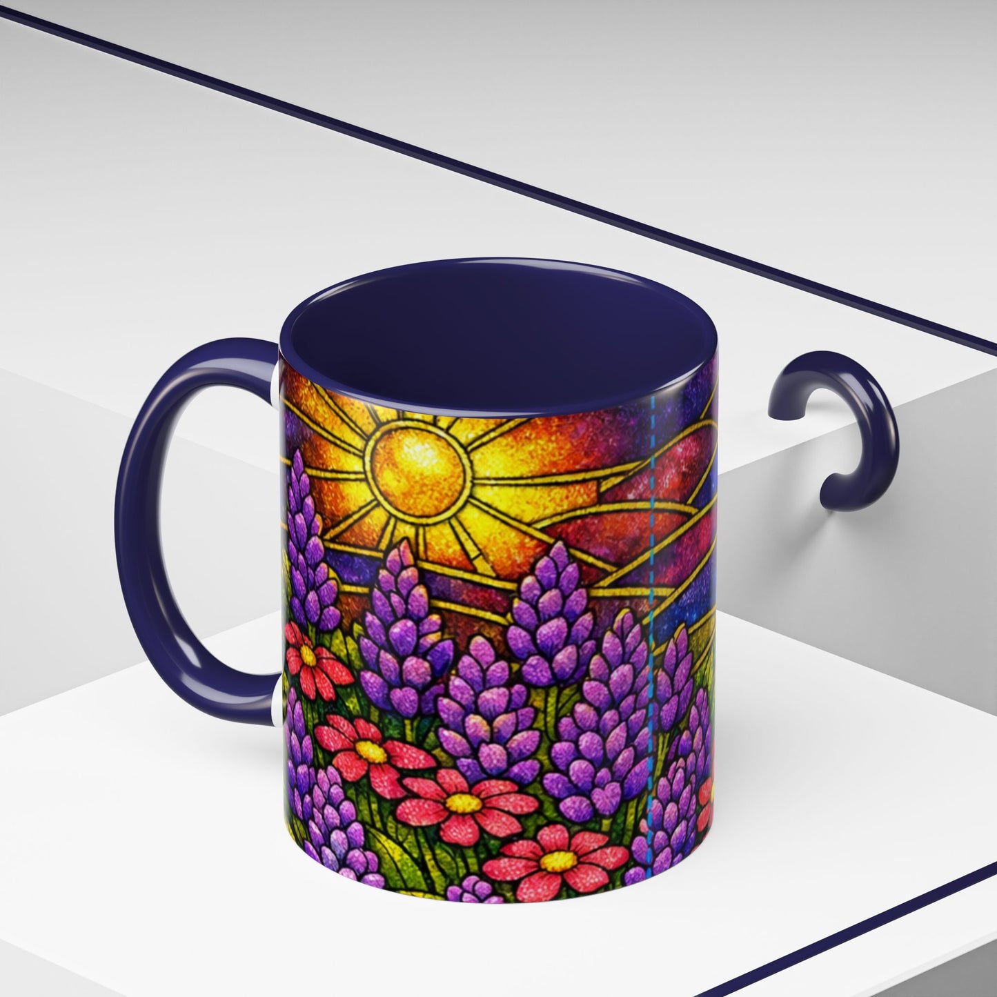 Tuxedo Cat Accent Coffee Mug — Stained-Glass Floral Design (11 oz)