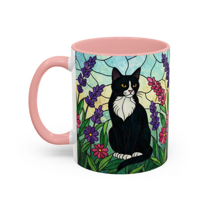 Tuxedo Cat Stained Glass Accent Coffee Mug – Floral Lavender Design (11/15oz)