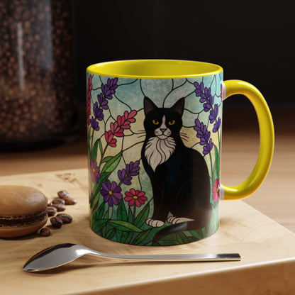 Tuxedo Cat Stained Glass Accent Coffee Mug – Floral Lavender Design (11/15oz)