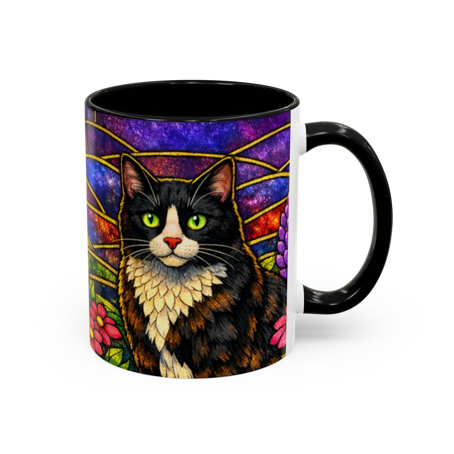 Tuxedo Cat Accent Coffee Mug — Stained-Glass Floral Design (11 oz)