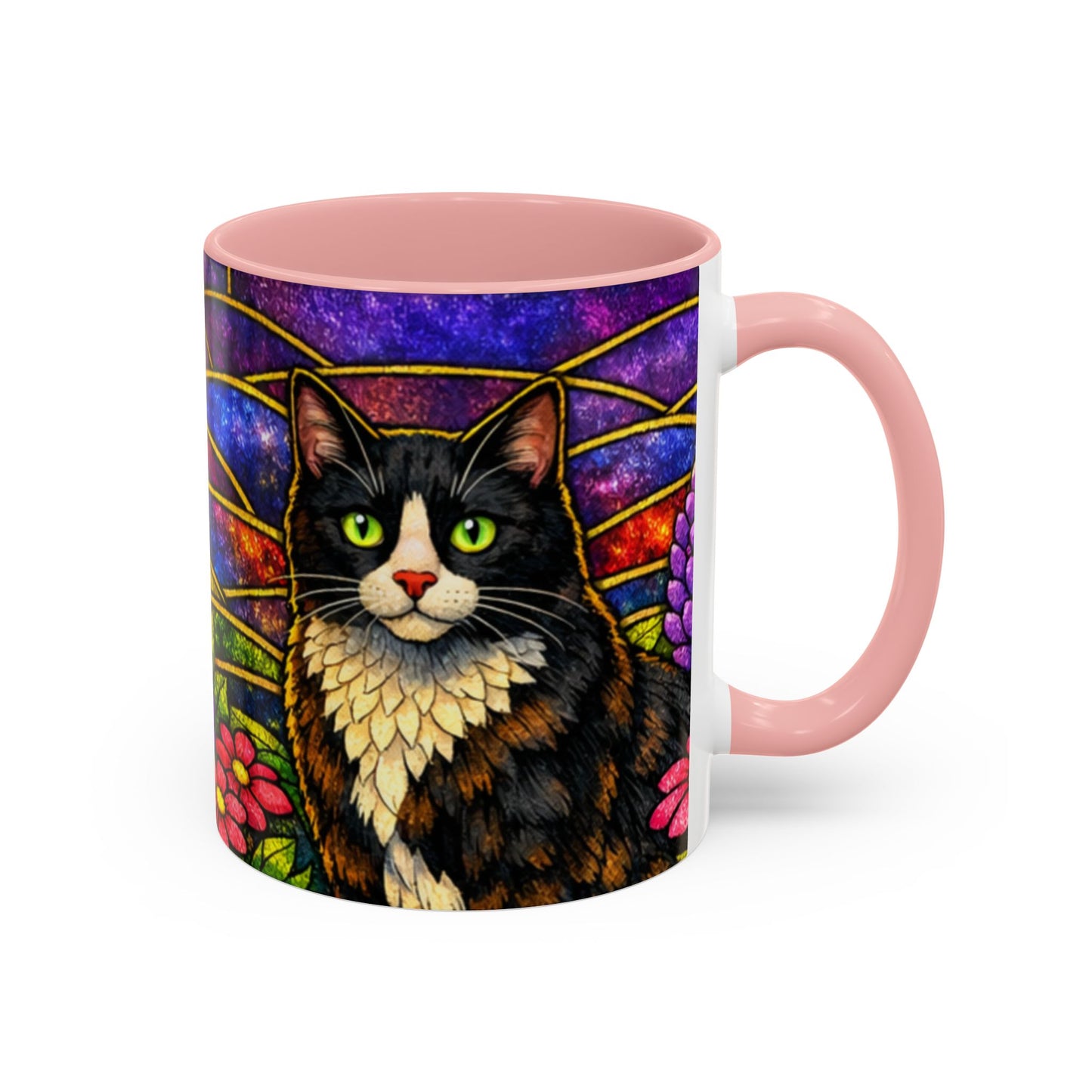 Tuxedo Cat Accent Coffee Mug — Stained-Glass Floral Design (11 oz)