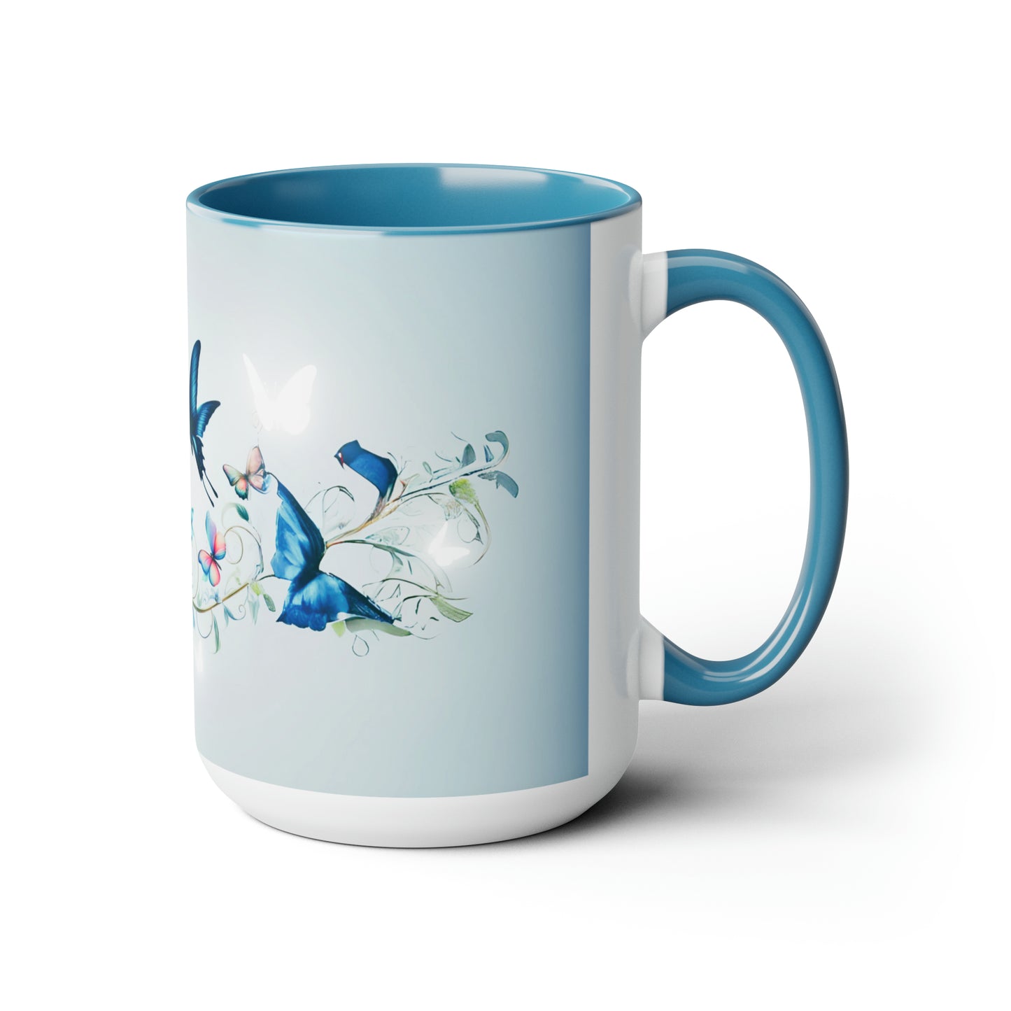 Blue Butterflies, with vines and flowers 15oz White Mug with Blue Color Accents Dishwasher and Microwave Safe Two-Tone Coffee Mugs