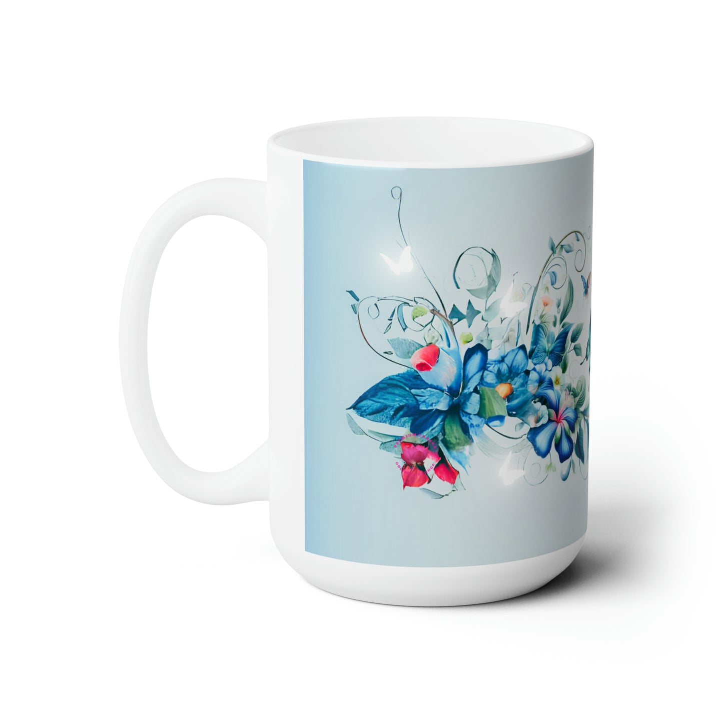 Blue Butterflies, with vines and flowers 15oz White Ceramic Mug PC Designs