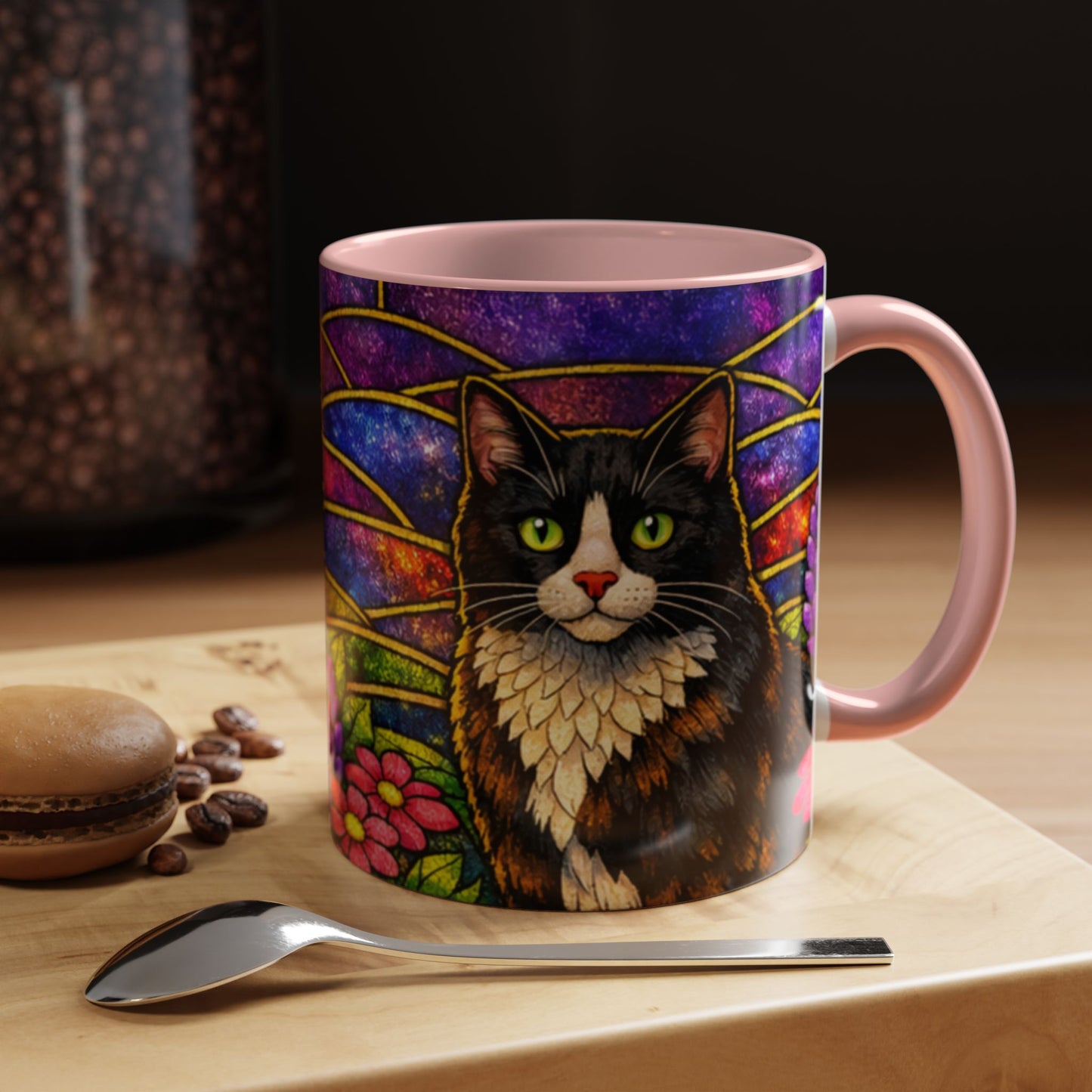 Tuxedo Cat Accent Coffee Mug — Stained-Glass Floral Design (11 oz)