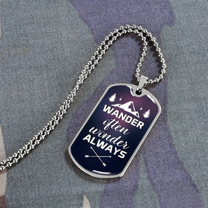 Wander Often, Wonder Always - Dog Tag Necklace 18K Gold Plated or Polished Stainless Steel