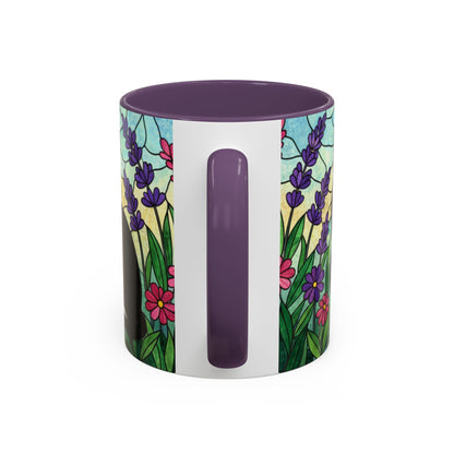 Tuxedo Cat Stained Glass Accent Coffee Mug – Floral Lavender Design (11/15oz)