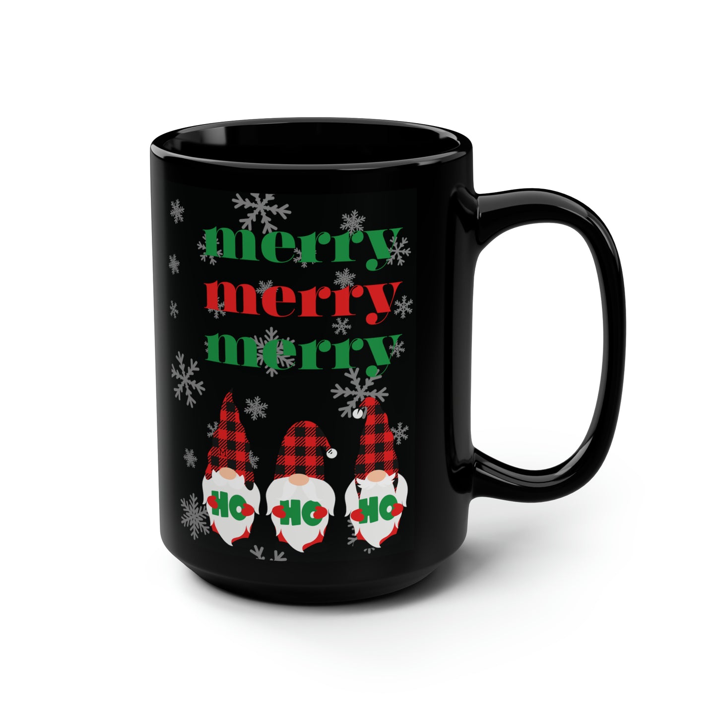 Colorful Christmas Gnomes Merry Merry Merry Ho Ho Ho Plaid, Design on both sides, MII Designs Ceramic Black Mug Cup, 15oz