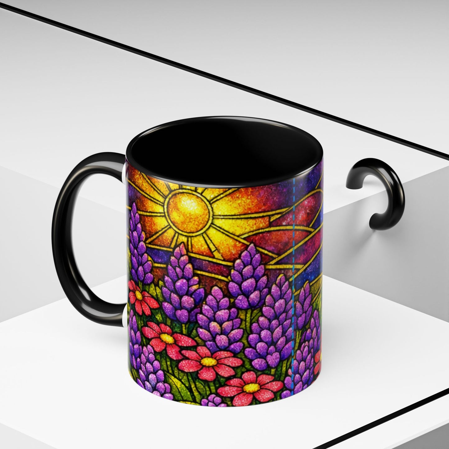 Tuxedo Cat Accent Coffee Mug — Stained-Glass Floral Design (11 oz)