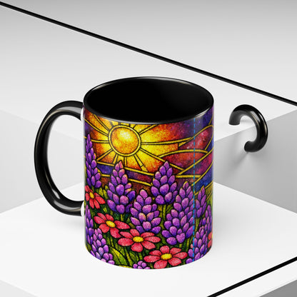 Tuxedo Cat Accent Coffee Mug — Stained-Glass Floral Design (11 oz)