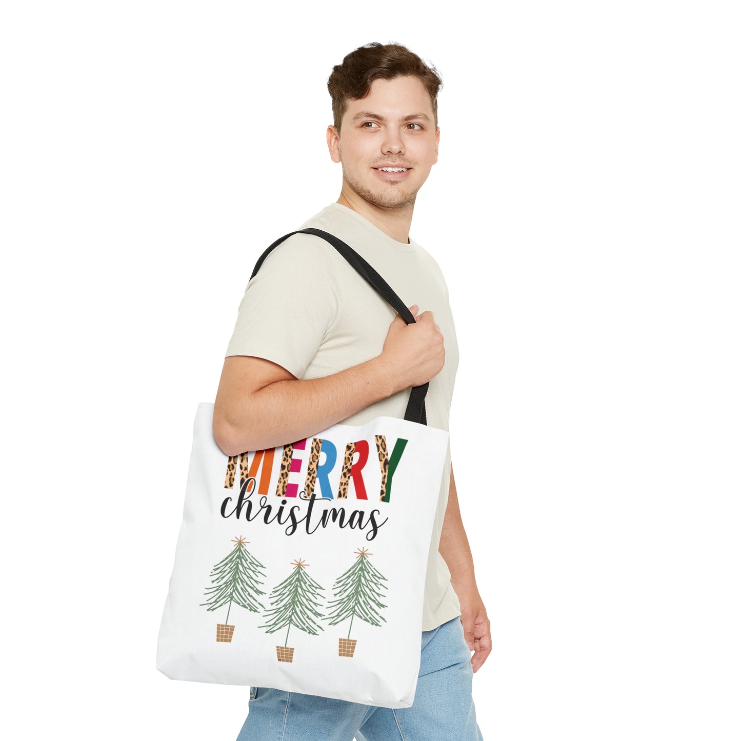 Merry Christmas with trees Large Tote Bag by MII Designs