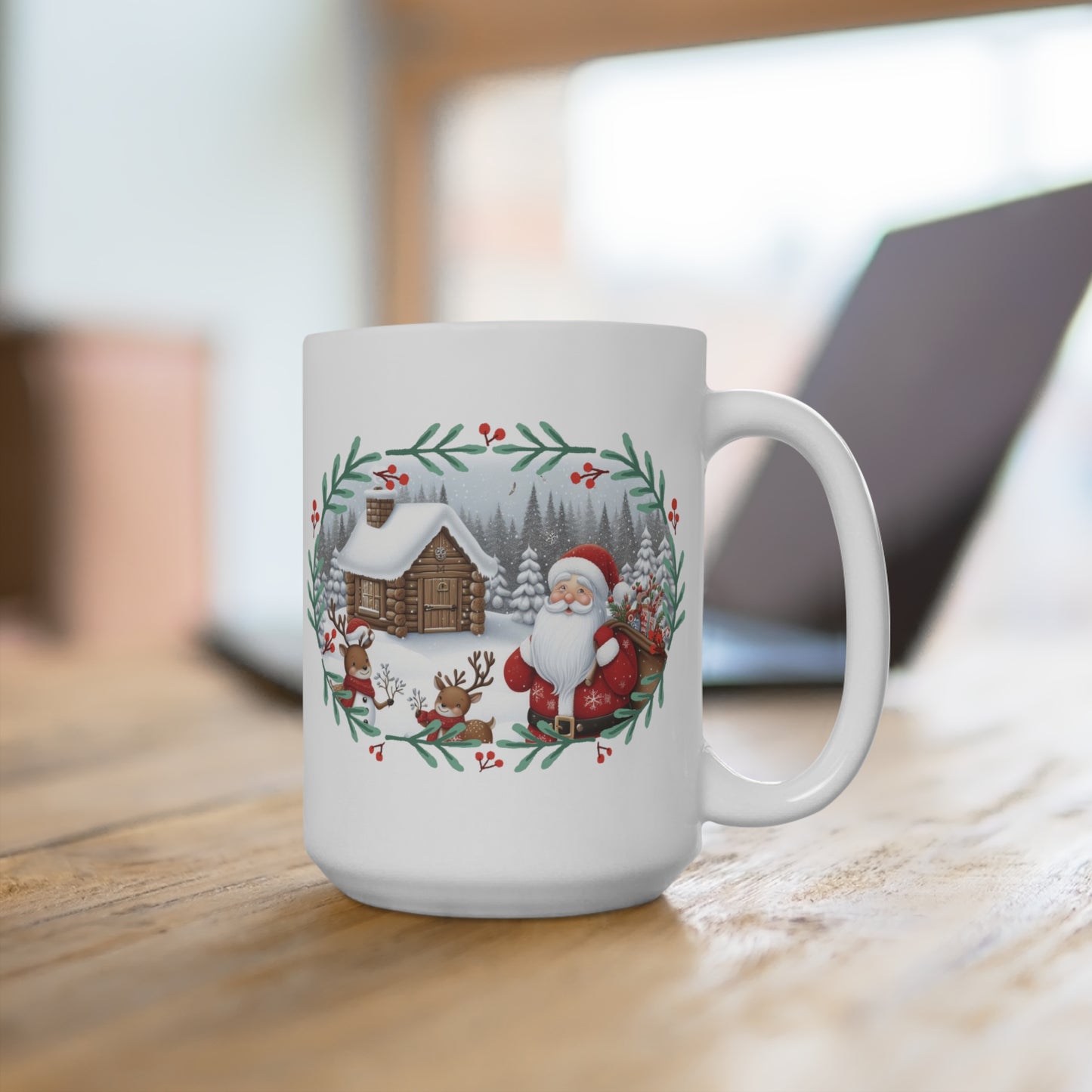 Santa, Gifts, Cabin, Reindeer, Snow, Trees, Birds, Christmas, Christmas Eve Gift Mug 15oz MII Designs