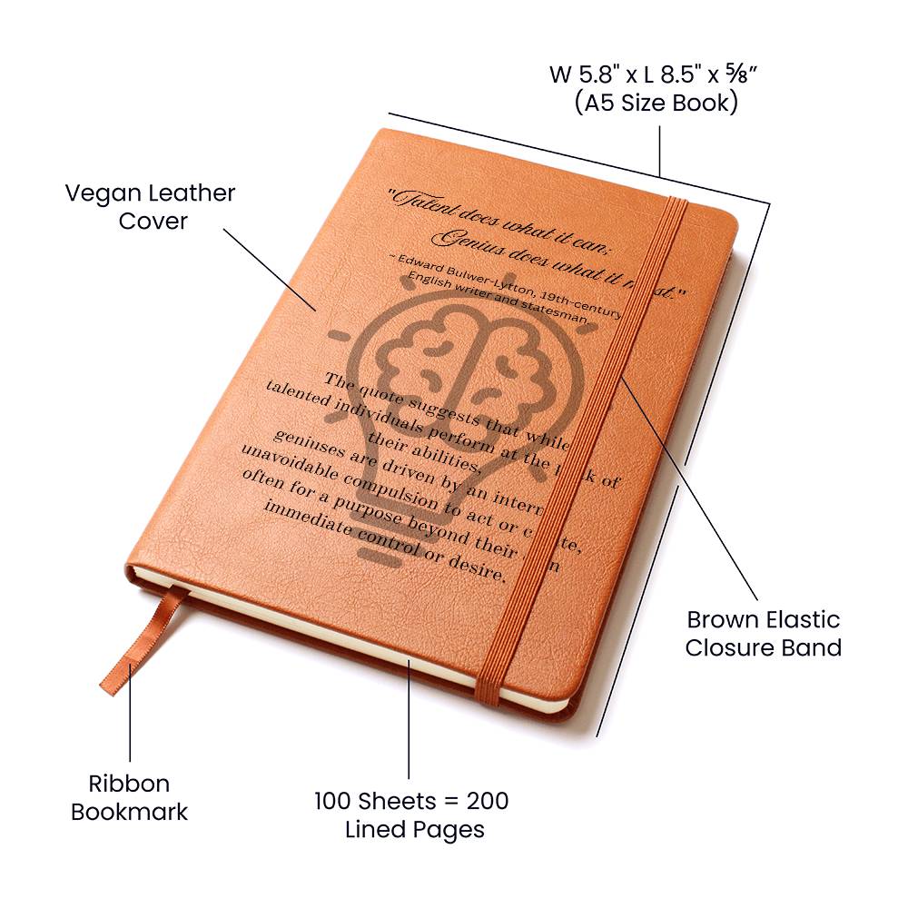 Dimensions of Notebook journal with cover quote: Edward Bulwer-Lytton's "Talent does what it can; Genius does what it must." black text layered on a lightbulb on the brown vegan leather cover.