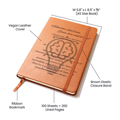 Dimensions of Notebook journal with cover quote: Edward Bulwer-Lytton's "Talent does what it can; Genius does what it must." black text layered on a lightbulb on the brown vegan leather cover.
