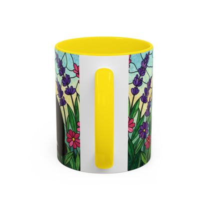 Tuxedo Cat Stained Glass Accent Coffee Mug – Floral Lavender Design (11/15oz)