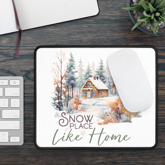 Happy Bright Snow Place Like Home - Country cabin snow trees 'Welcome Winter' white tans gold Cute Beautiful for your Home Designs by  MII Gaming Mouse Pad