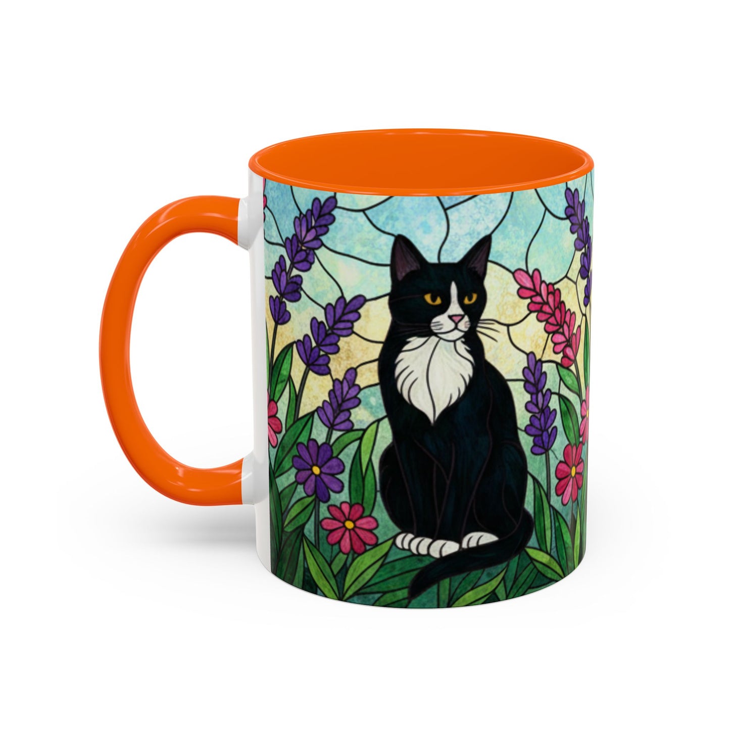 Tuxedo Cat Stained Glass Accent Coffee Mug – Floral Lavender Design (11/15oz)