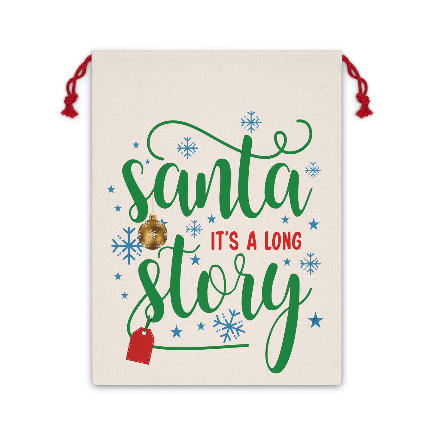 Santa, It's a Long Story... Vintage Linen Drawstring Bag Great for Gifts 19.7" x 26" x .50" inches, Green Alternative to Plastics, Design by MII