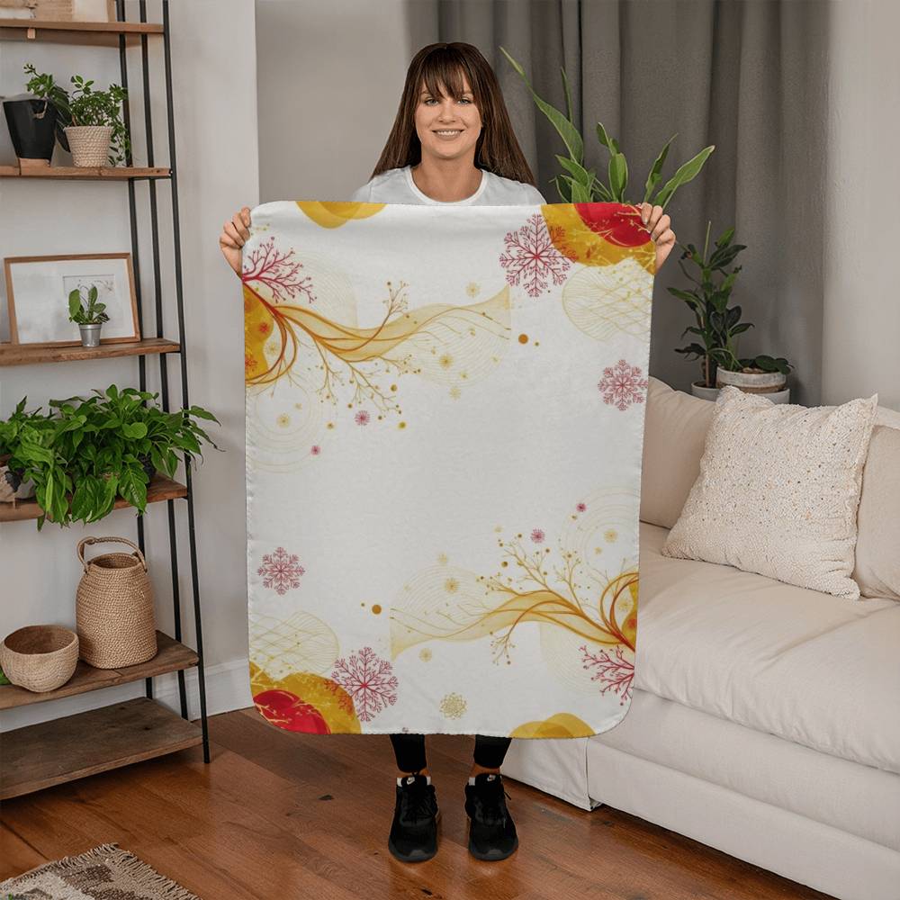 Golds and Reds on Elegant White on our Warmest Sherpa Fleece Blanket in 2 sizes