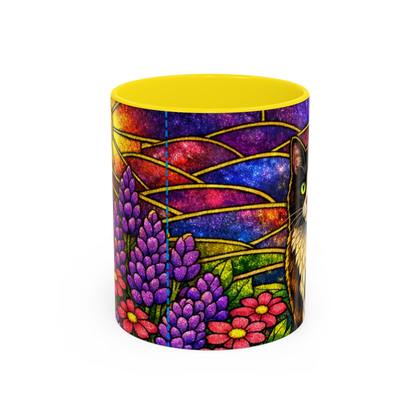 Tuxedo Cat Accent Coffee Mug — Stained-Glass Floral Design (11 oz)