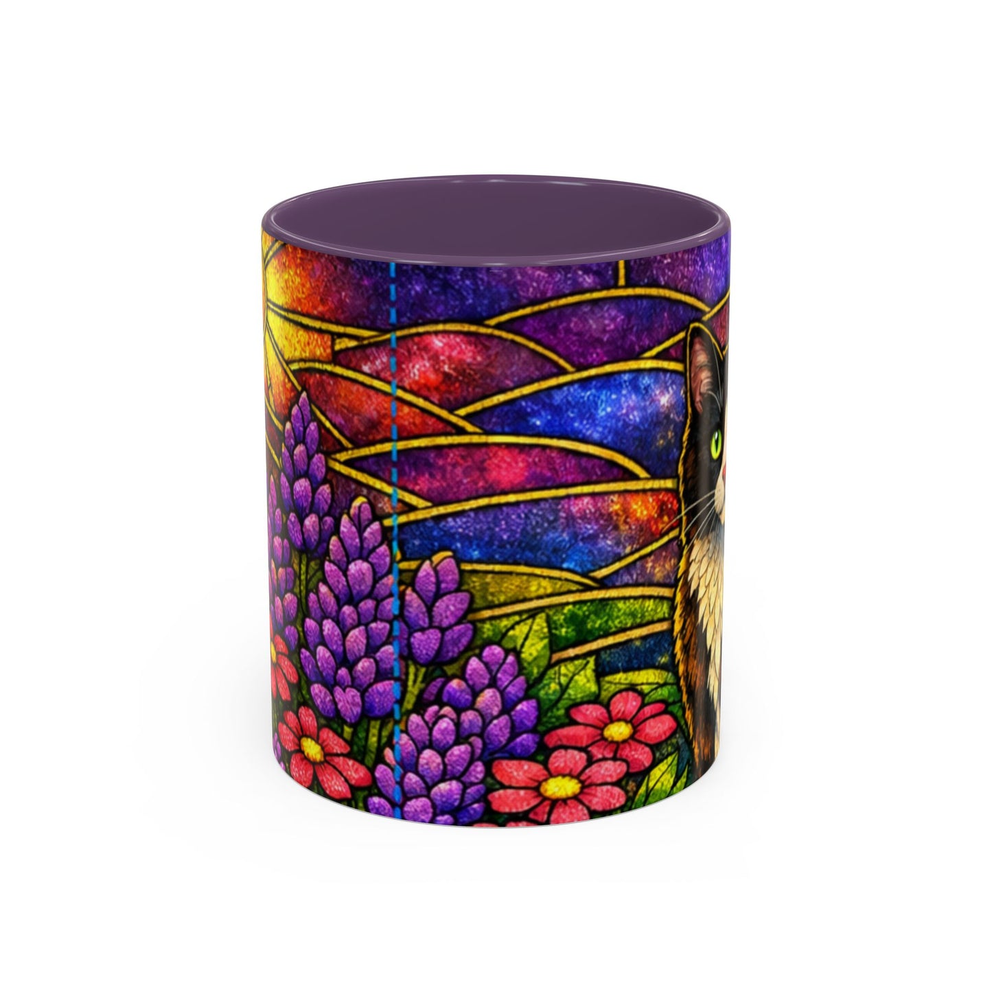 Tuxedo Cat Accent Coffee Mug — Stained-Glass Floral Design (11 oz)