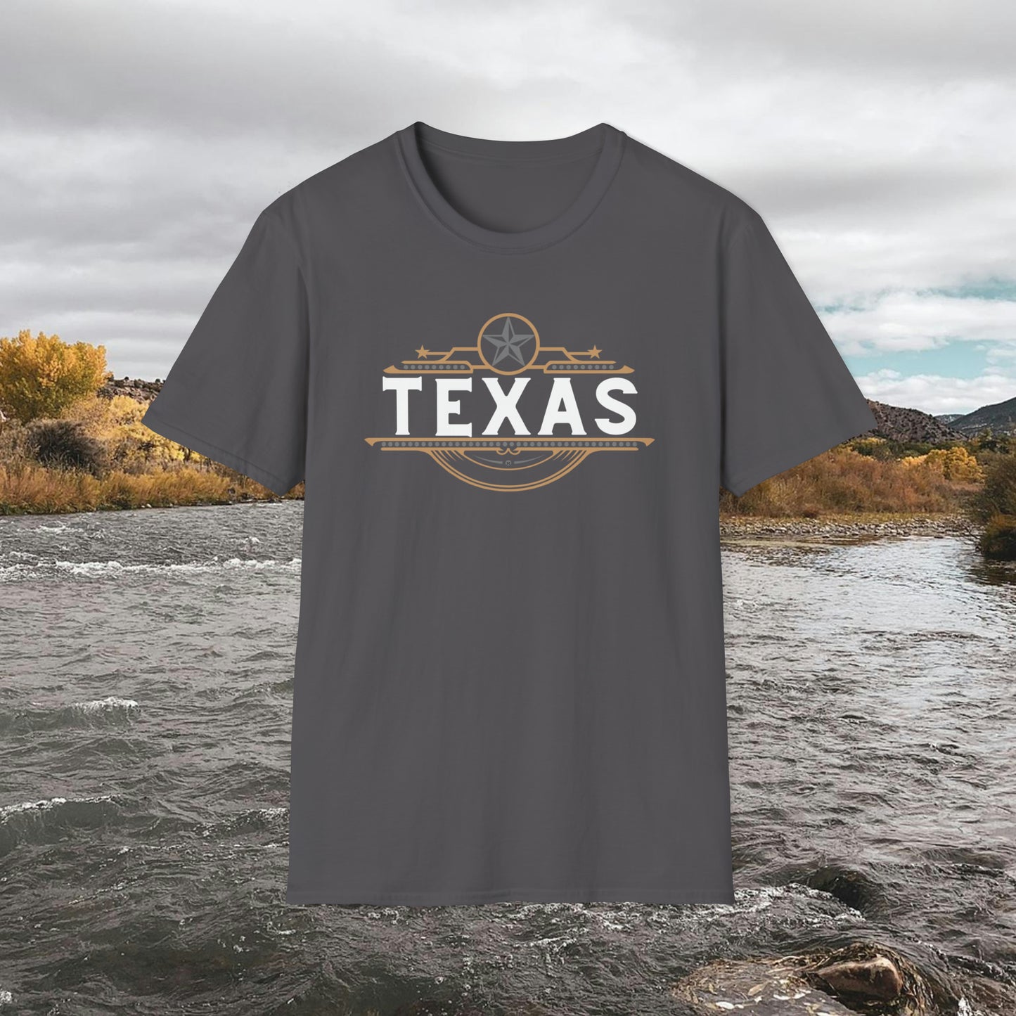 Texas T-shirt Elegant Gold Banner, Silver Star, Accents on a beautiful Graphic Softstyle T-Shirt Unisex Designs by MII