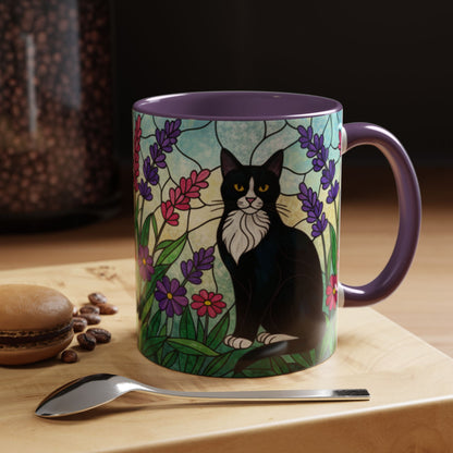 Tuxedo Cat Stained Glass Accent Coffee Mug – Floral Lavender Design (11/15oz)