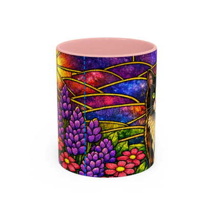 Tuxedo Cat Accent Coffee Mug — Stained-Glass Floral Design (11 oz)
