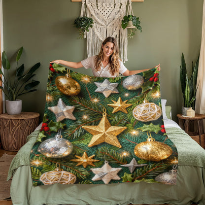 Christmas Ornaments on Green Boughs and Holly - Coral Fleece Blanket