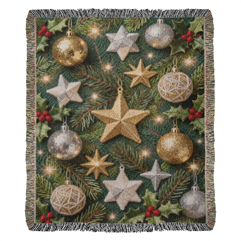 Christmas Ornaments on Green Boughs and Holly  - 100% Cotton Woven Blanket in 3 sizes