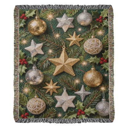 Christmas Ornaments on Green Boughs and Holly  - 100% Cotton Woven Blanket in 3 sizes