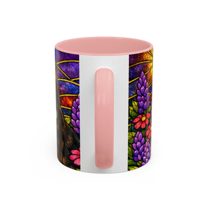Tuxedo Cat Accent Coffee Mug — Stained-Glass Floral Design (11 oz)