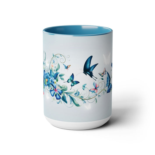 Beautiful Blue Butterflies & Floral vines and flowers - Large 15oz Two-Tone Ceramic Color Accents Coffee Mug