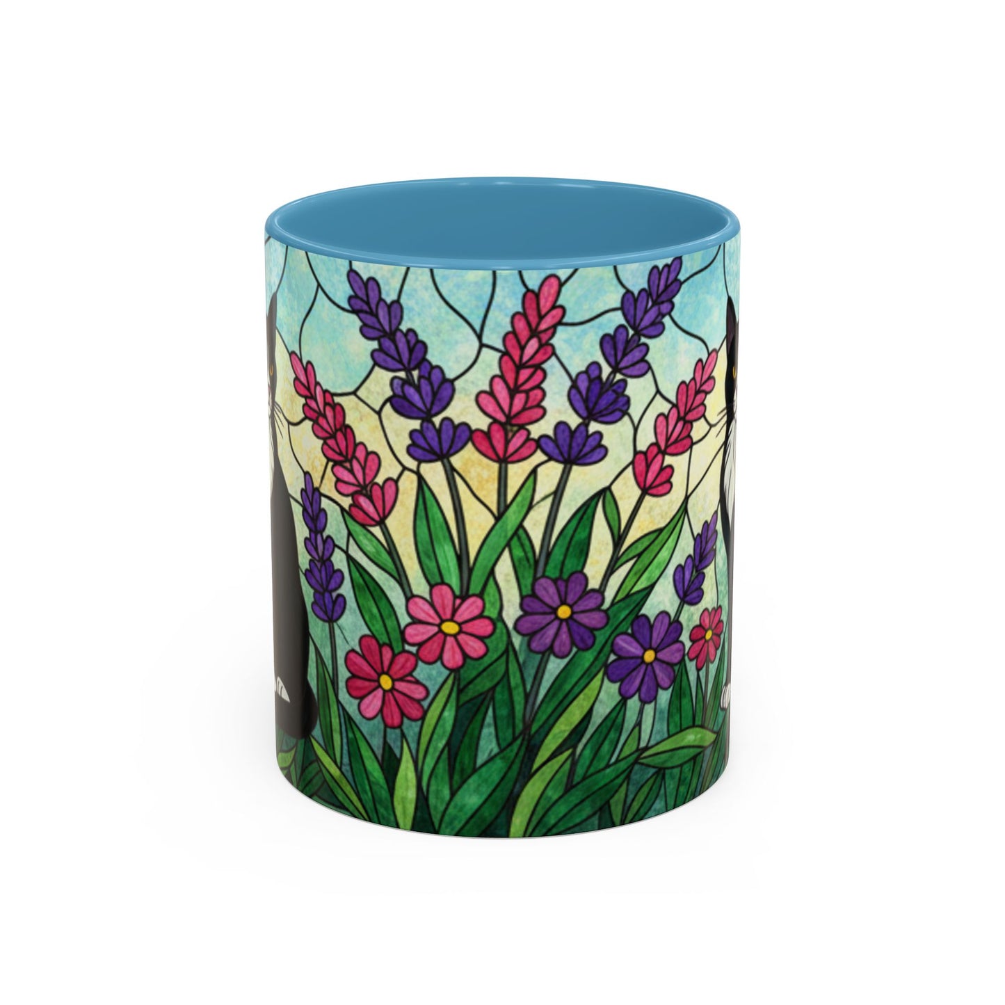 Tuxedo Cat Stained Glass Accent Coffee Mug – Floral Lavender Design (11/15oz)