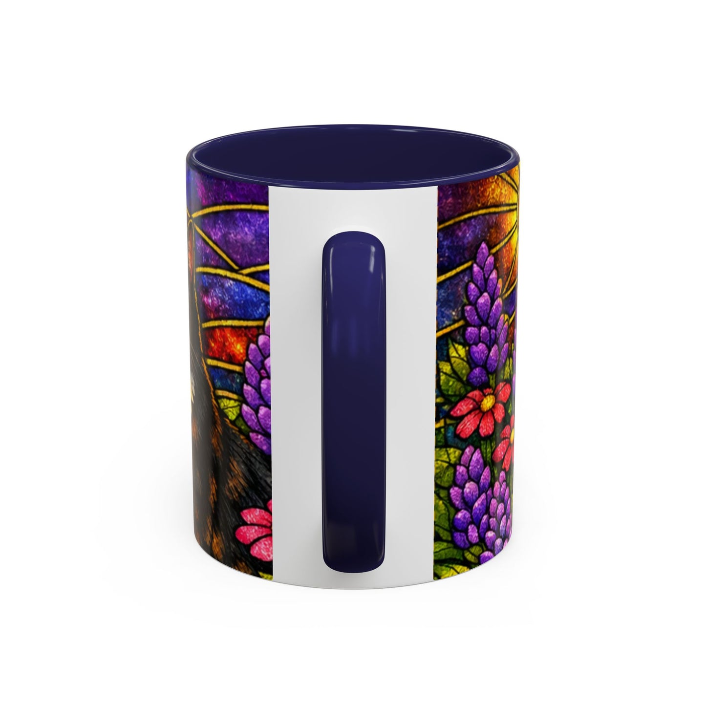 Tuxedo Cat Accent Coffee Mug — Stained-Glass Floral Design (11 oz)