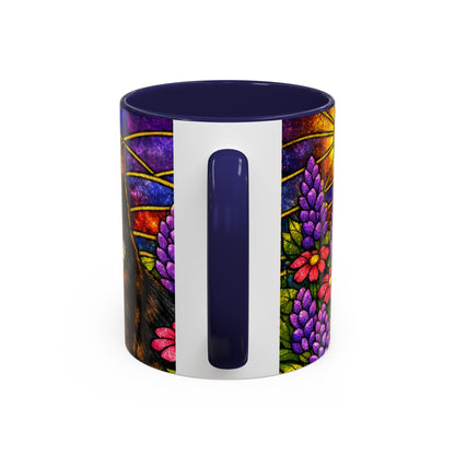 Tuxedo Cat Accent Coffee Mug — Stained-Glass Floral Design (11 oz)