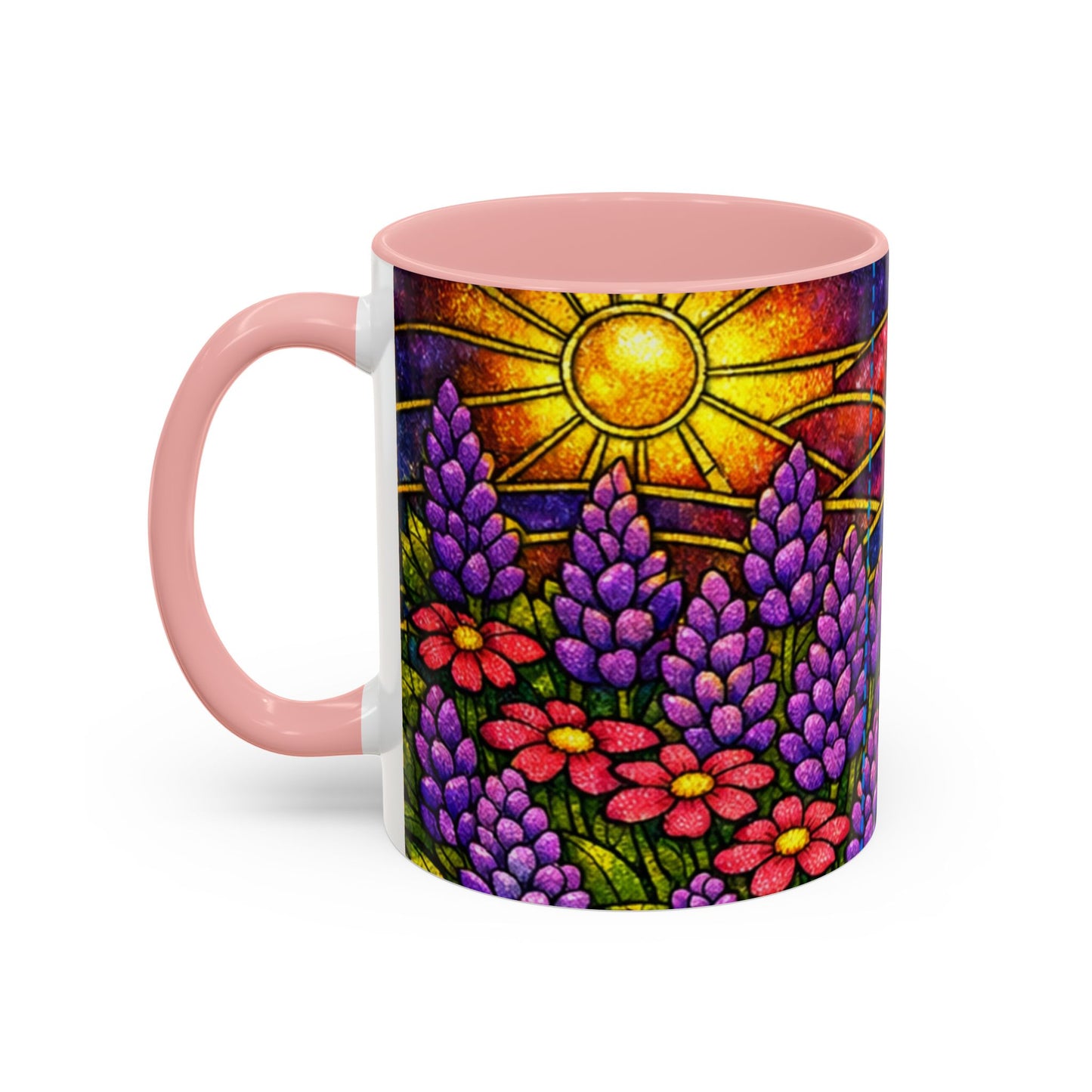 Tuxedo Cat Accent Coffee Mug — Stained-Glass Floral Design (11 oz)