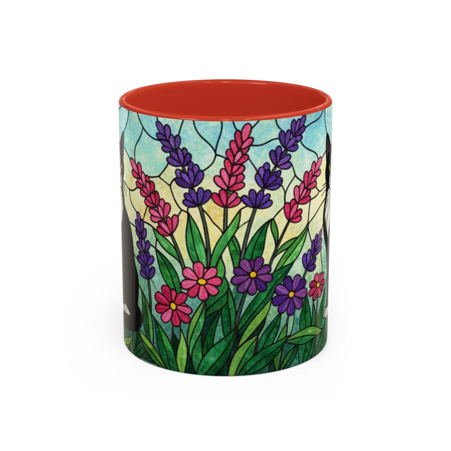 Tuxedo Cat Stained Glass Accent Coffee Mug – Floral Lavender Design (11/15oz)