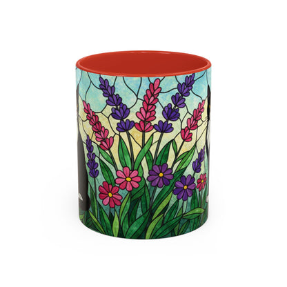 Tuxedo Cat Stained Glass Accent Coffee Mug – Floral Lavender Design (11/15oz)