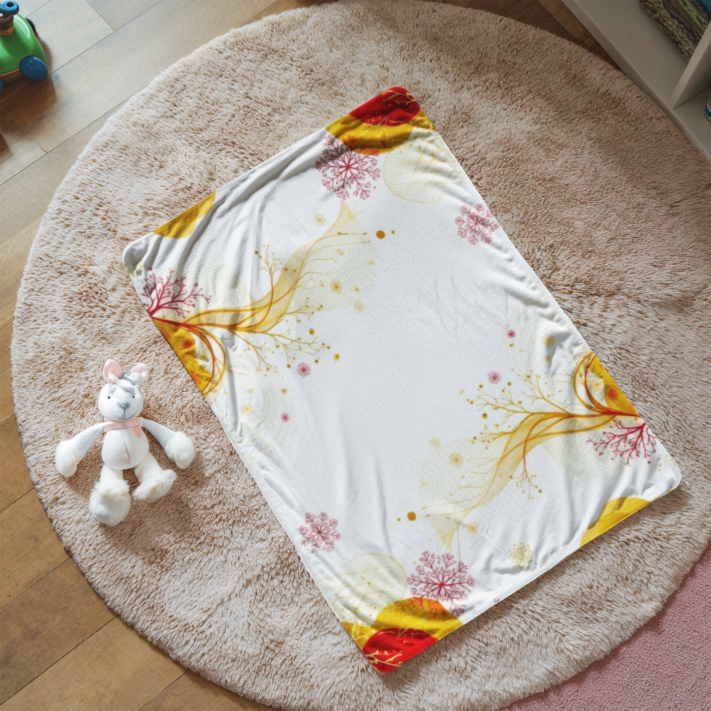 Golds and Reds on Elegant White on our Warmest Sherpa Fleece Blanket in 2 sizes